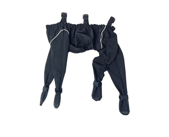 Black MuckyDog All-Weather Wader for dogs featuring waterproof fabric, adjustable leg straps, and reflective trim for outdoor protection.